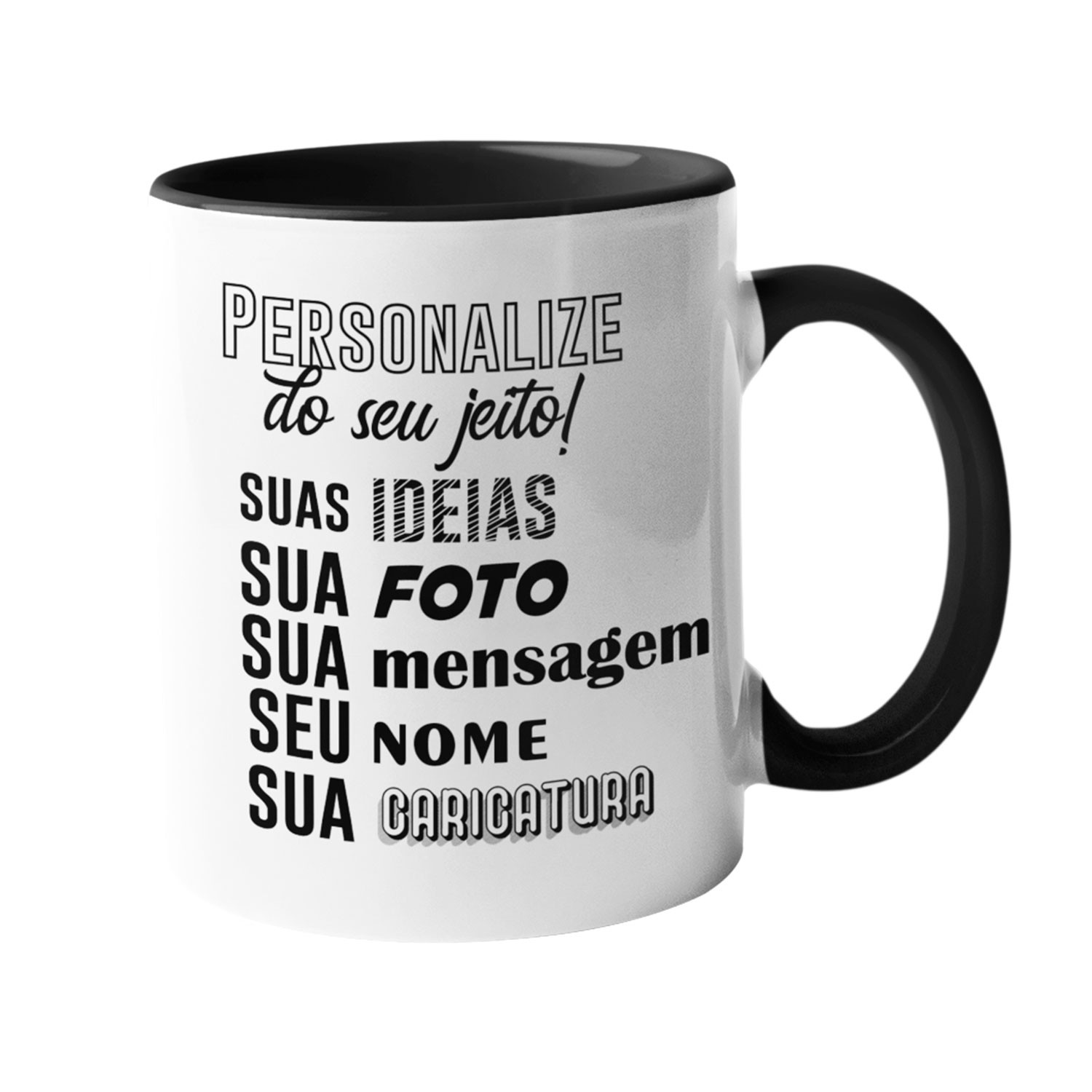 Caneca Preta Personalizada Alça e Interior 325 ml